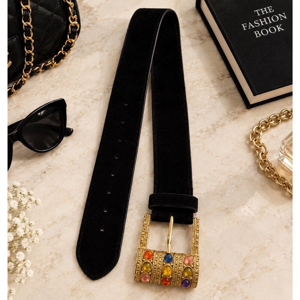 VTG 80s 90s Black Suede Leather Belt Gold Gemstone Buckle L Italy Made Statement
